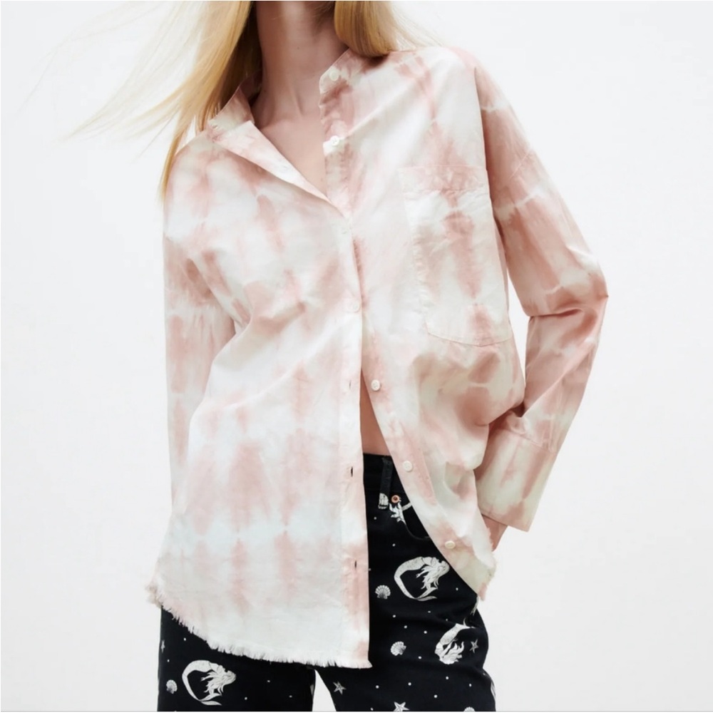 Zara Tie Dye Oversized Button Down Fringe Hem Long Sleeve Shirt Women’s
